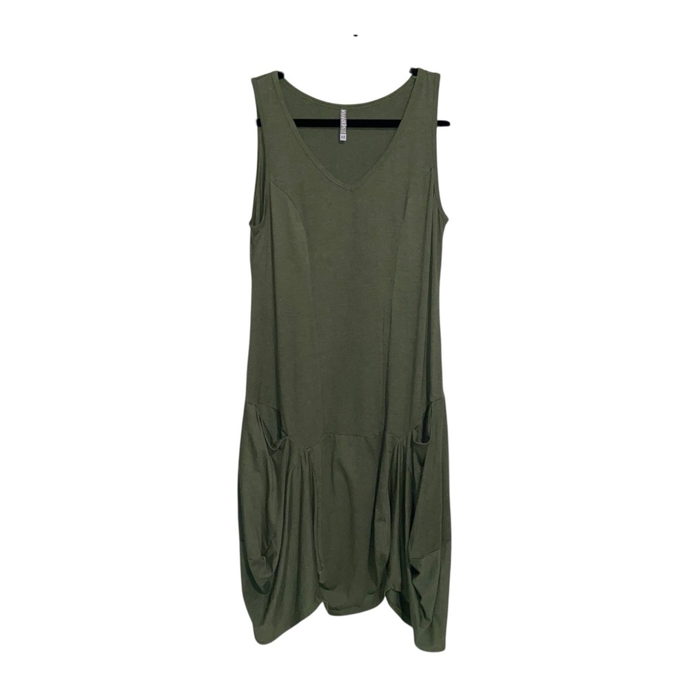 Nyah Dress Womens Medium Olive Green Lagenlook Minimalist Boho Pockets Stretch